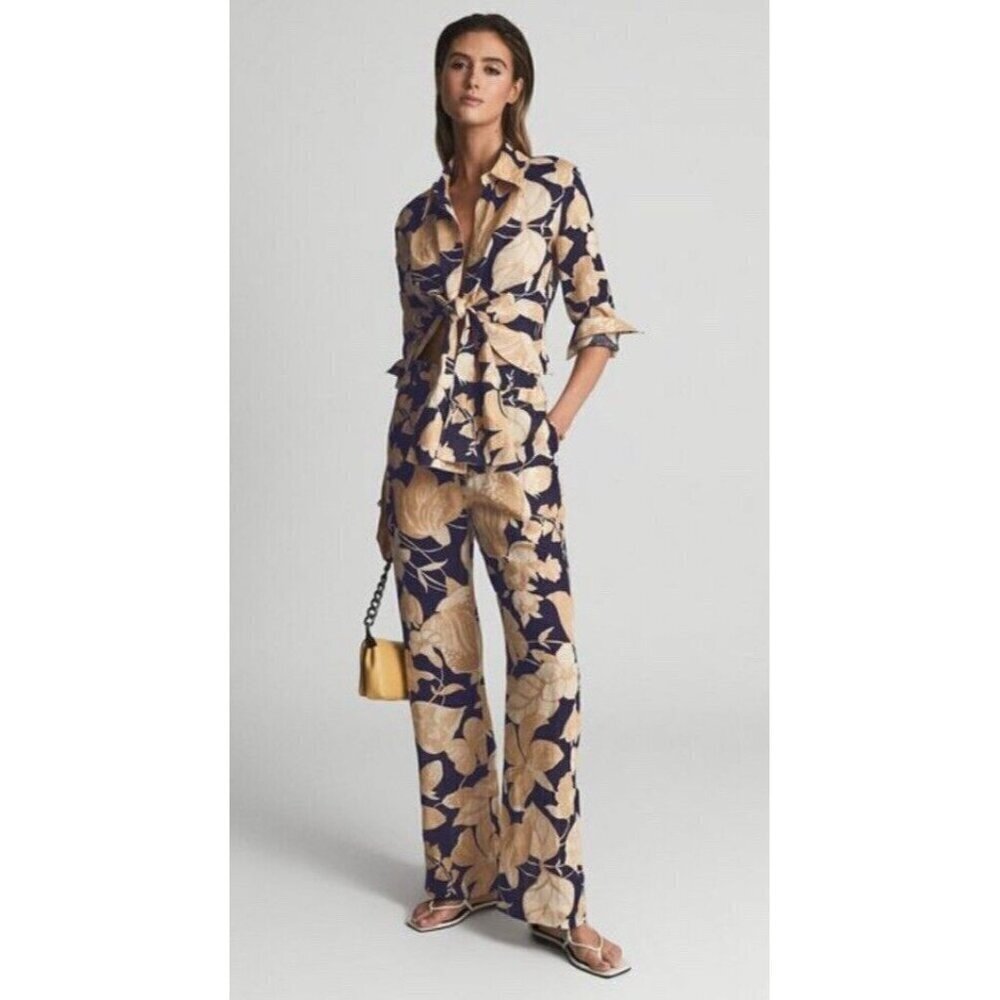 Reiss Women's Sz M Leo Printed Wide Leg Linen Trousers Pants Navy Cream Floral